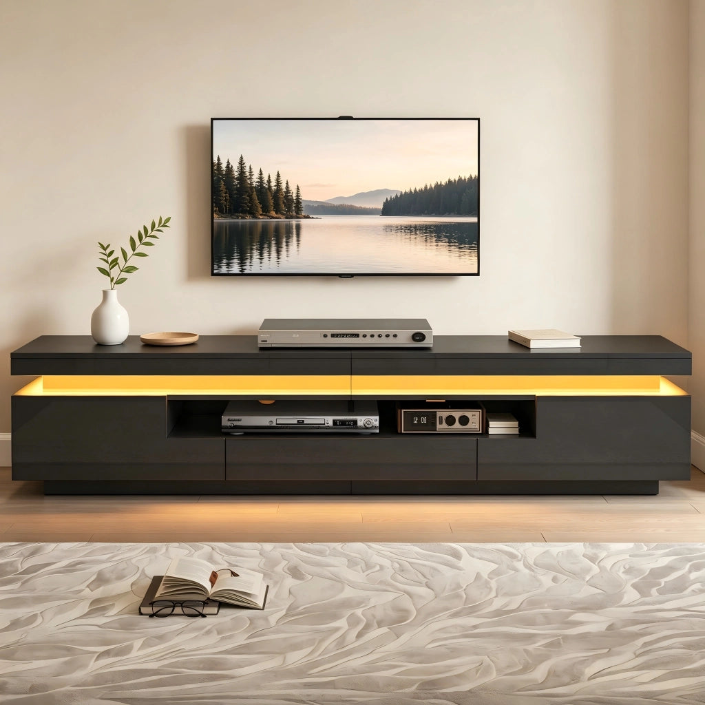 Mobile porta TV con LED 2 ante a L 1 cassetto e vano semichiuso per soggiorno nero 175 × 38 × 45 cm