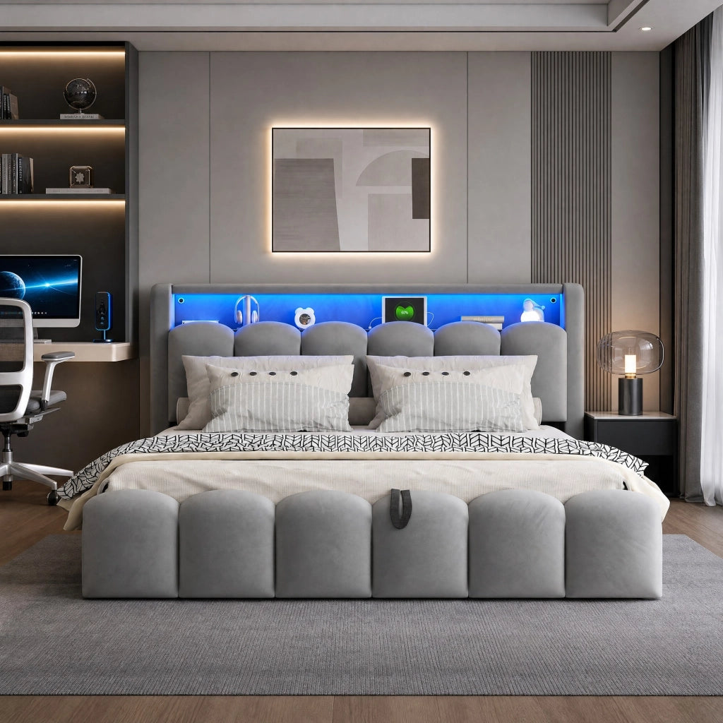 Letto matrimoniale imbottito 180x200 cm con LED e contenitore