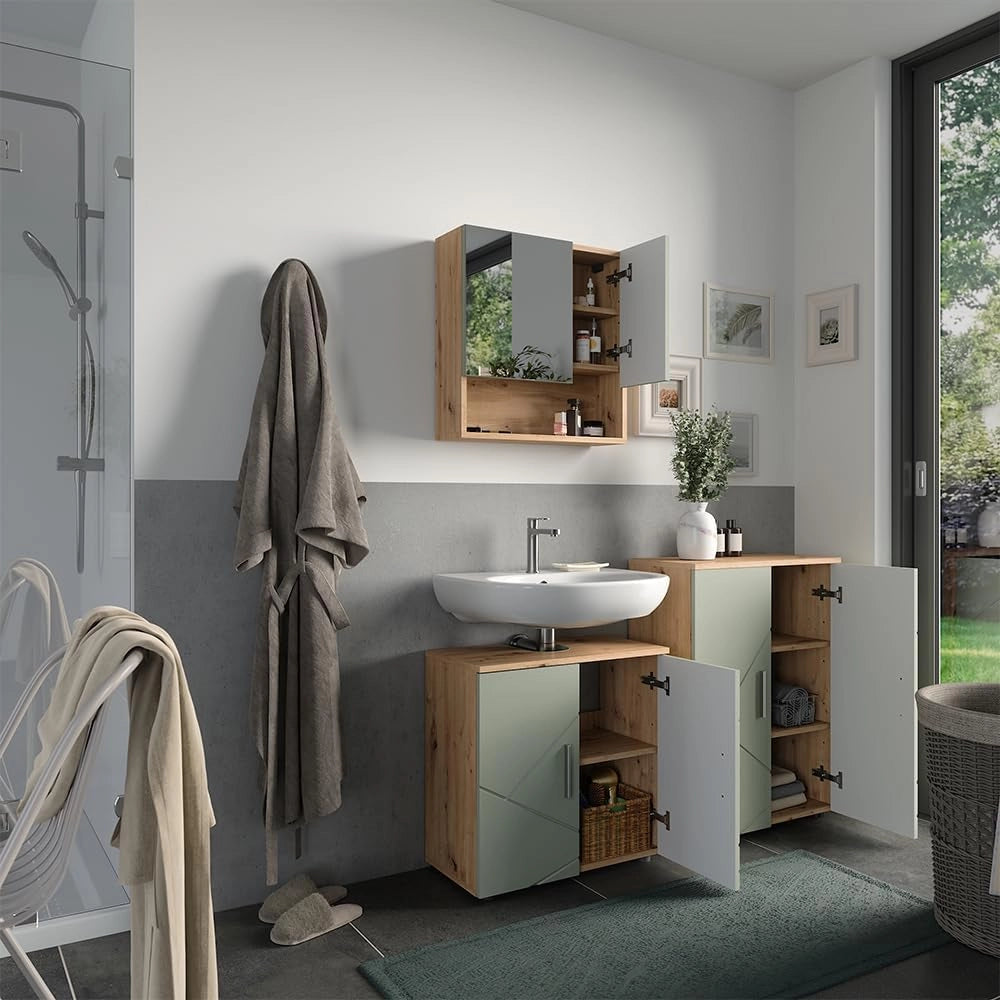 Set di mobili da bagno Irma, Verde salvia, 60 cm, composto da mobile sottolavabo, specchiera e mobile medio