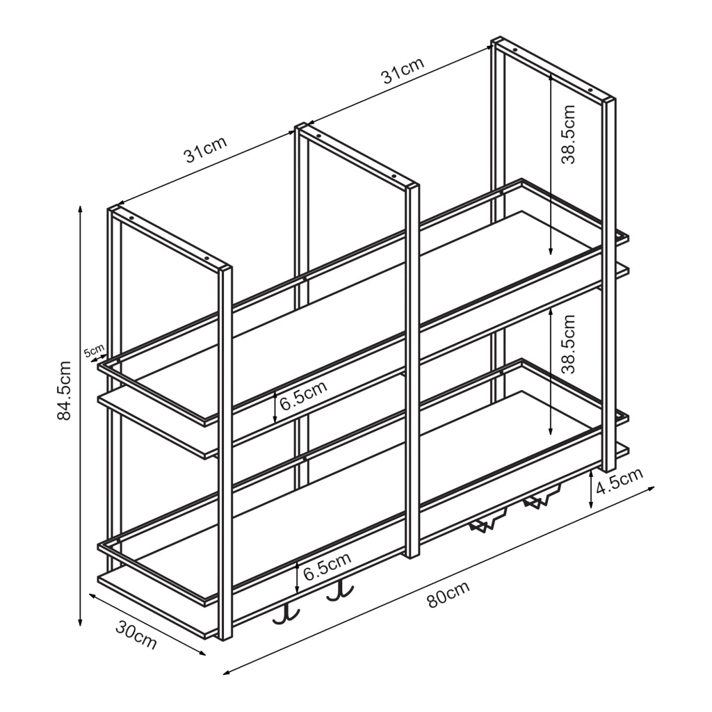 Portabottiglie Sospeso da Soffitto Hubro con Binari per Calici e Ganci per Tazze 80x30x85 cm Nero/Effetto Noce [en.casa]