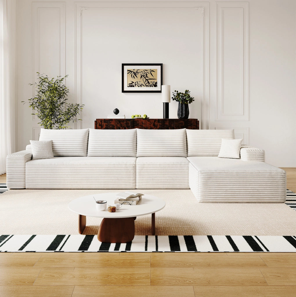Divano modulare angolare 340x175x83 cm con chaise longue; tessuto a coste bianco