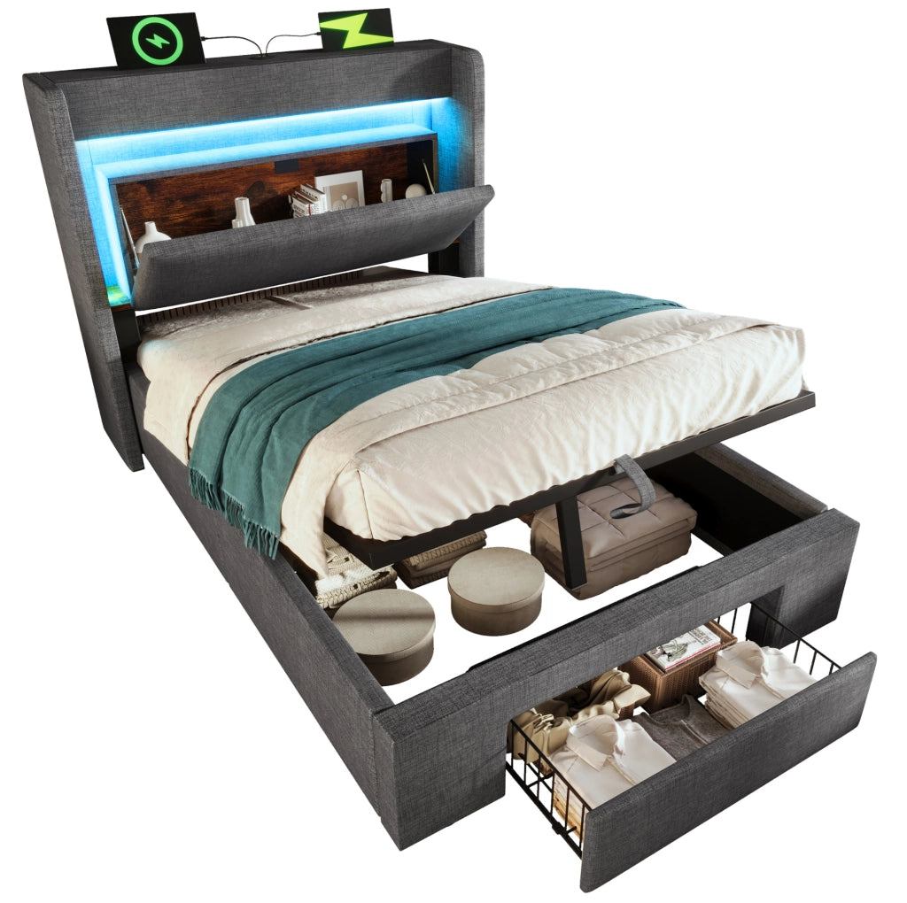 Letto imbottito 90 × 200 cm con contenitore idraulico; LED; USB e USB-C; lino grigio