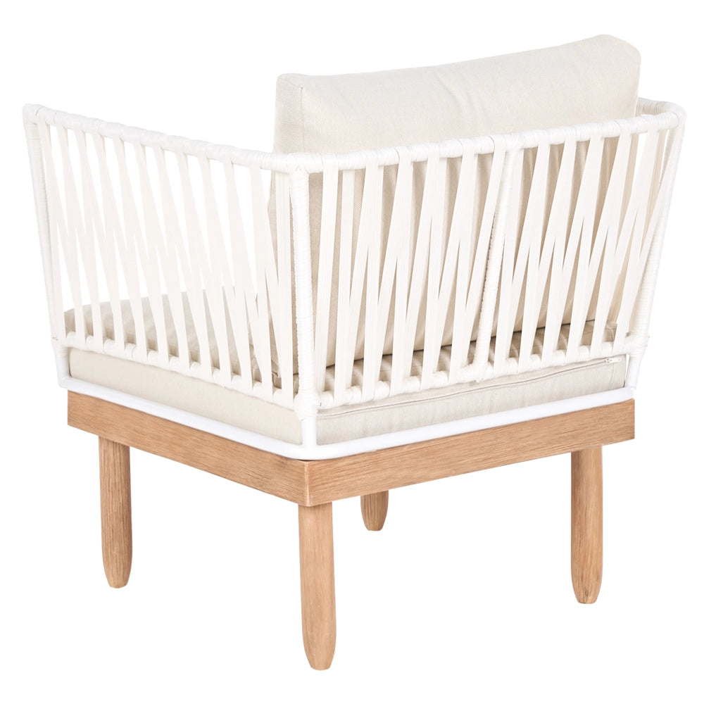 Set Lounge da Esterno in Legno di Acacia con Cuscini Bianchi, Poltrona in Rattan Sintetico e Tavolino 4 Posti Sinistro
