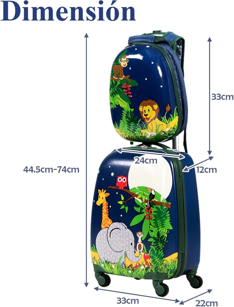 Set di Valigia 16’’ + Zaino 12’’ per Bambini 2 Pezzi, Bagagli 2-in-1 con Zainetto da Viaggio Aereo, Trolley con Maniglia Telescopica e 4 Ruote a 360° (Blu Jungla)