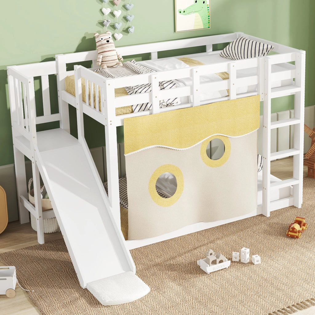 Letto a Castello 90x200 cm - con Scala; Scivolo e Tende - in Legno - Bianco