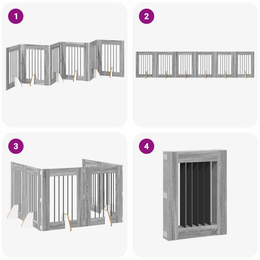 Cancello per cani pieghevole con supporti 6 pcs Grigio Sonoma 892106
