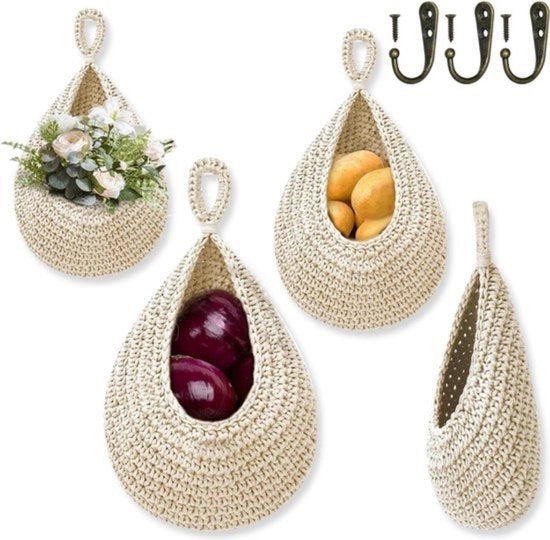 Fruitiera appesa per cucina, boho fruitiera, fruitiera appesa, cucina, fruitiera, fruitiera appesa per organizzazione (bianca, confezione da 3 pezzi)