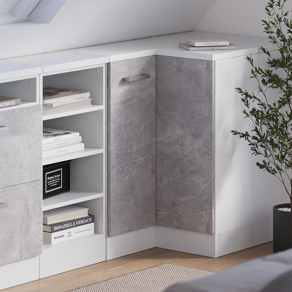 Mobile cucina angolare per sottotetto R-Line Calcestruzzo/Bianco 75.6 cm con 1 porta, carcassa dell’armadio profondità 60 cm Vicco