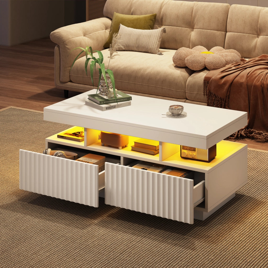 Tavolino basso con due cassetti, vano centrale aperto e LED, in pannello truciolare bianco 100 × 50 × 45 cm