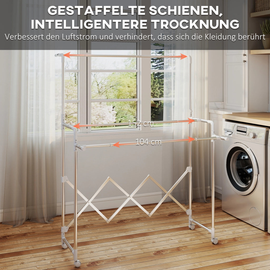 Asciugatoio per bucato pieghevole ¨C Minimal ¨C 3 aste regolabili, ruote in acciaio inox