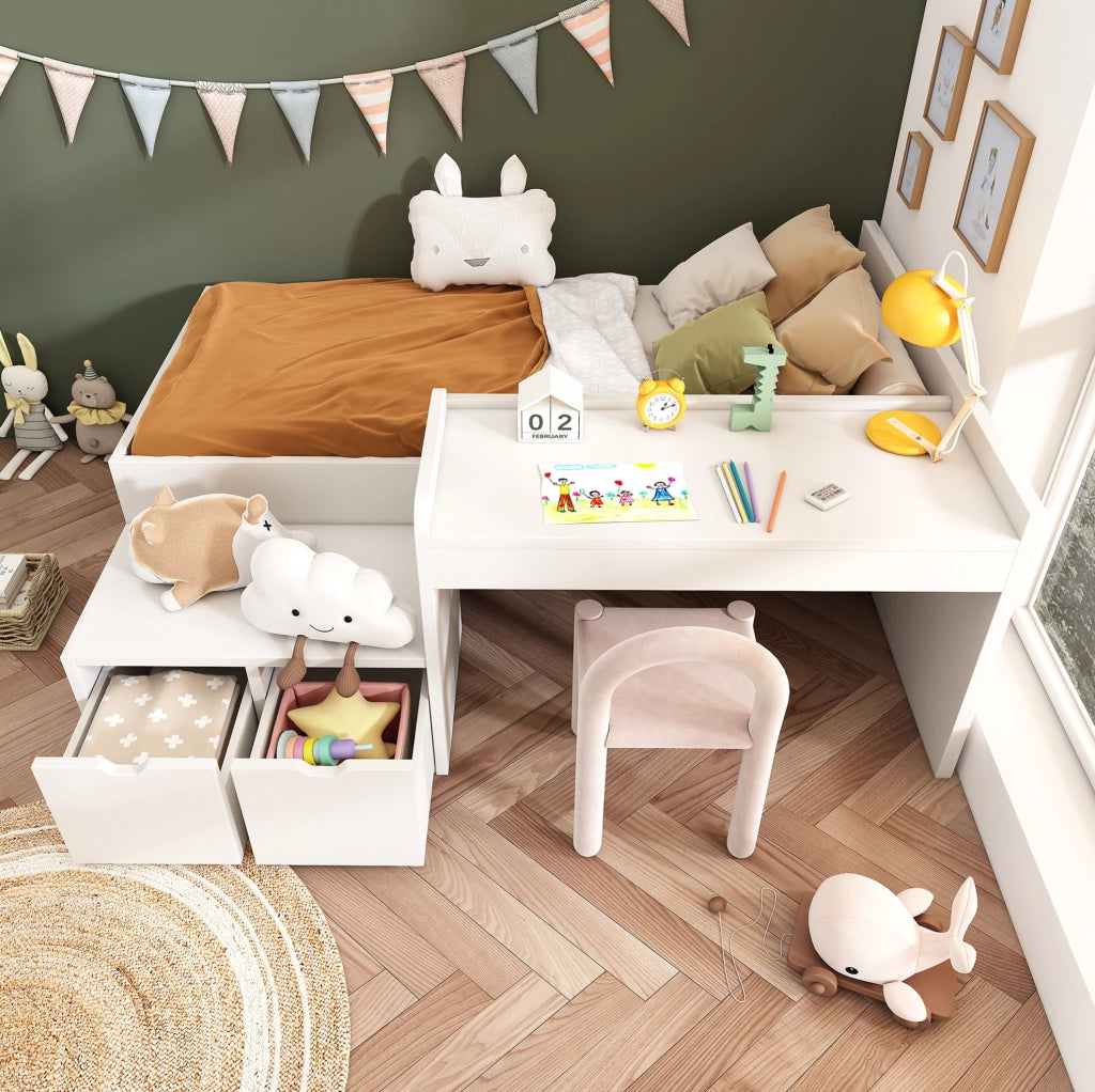 Letto per bambini con scrivania e 2 cassetti; 90x200 cm; legno massello di pino e MDF; bianco