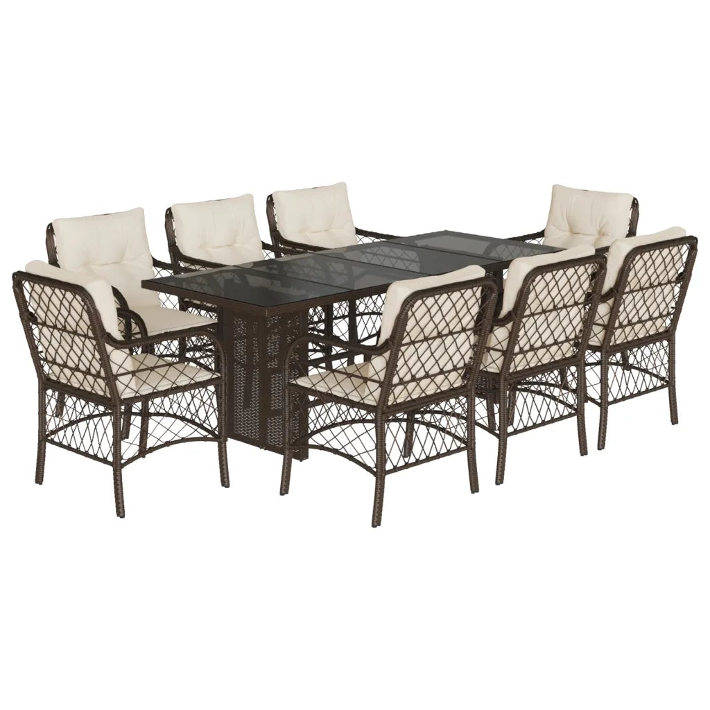Set da Pranzo da Giardino 9pz con Cuscini Marrone in Polyrattan