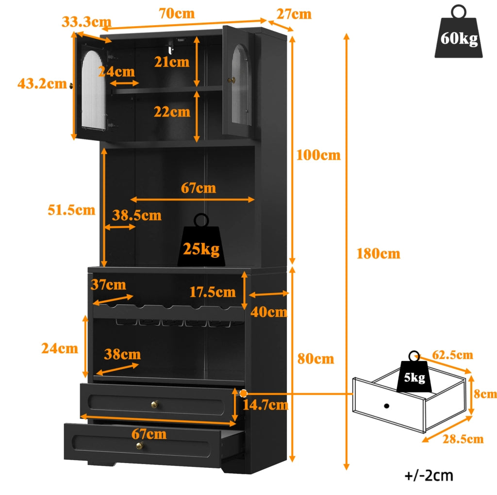 Credenza alta nera con LED smart, portabottiglie e USB