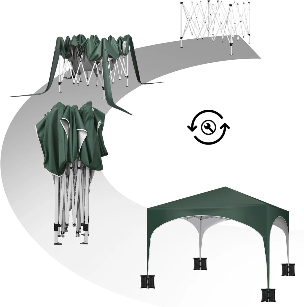 Gazebo da Giardino Richiudibile 3x3m Gazebo da Esterno in Ferro Regolabile in Altezza Tendone con Soffitto Semicircolare Pieghevole Protezione Solare,Set di 4 Sacchi di Sabbia,Verde
