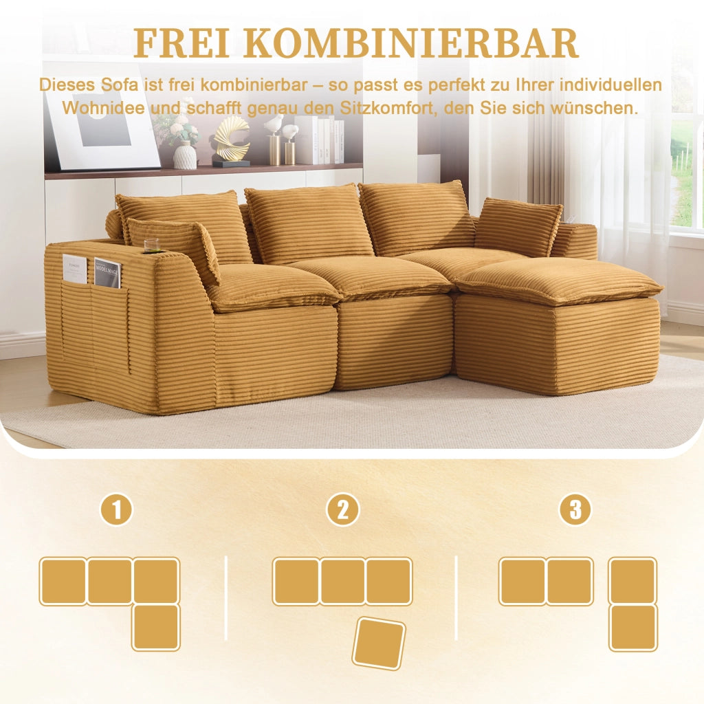 Divano modulare 3 posti con pouf; cuscini e tasche laterali - in corduroy arancione
