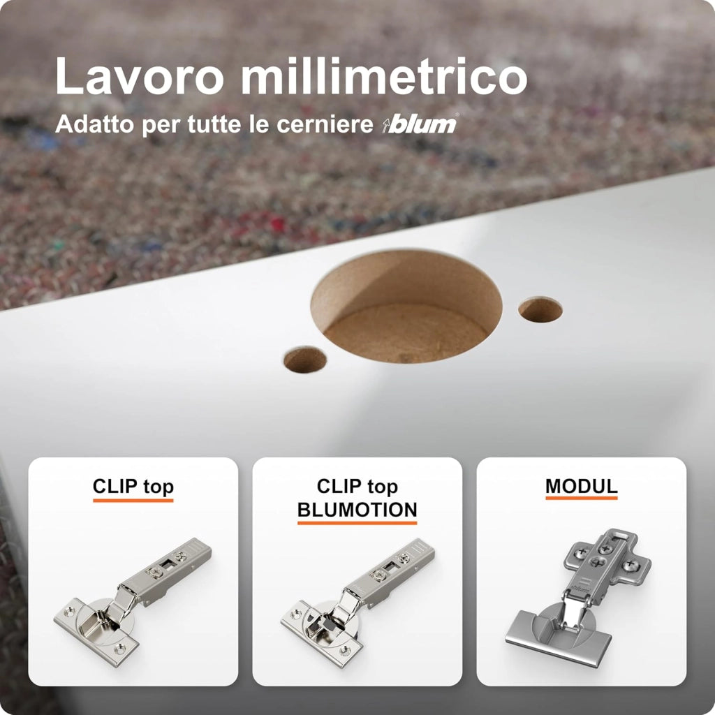 ECODRILL - Cerniere in un batter d'occhio, cerniere per armadi e mobili, aiuto per la lavorazione, nastro Ø = 35 mm, cerniera, foratura verticale