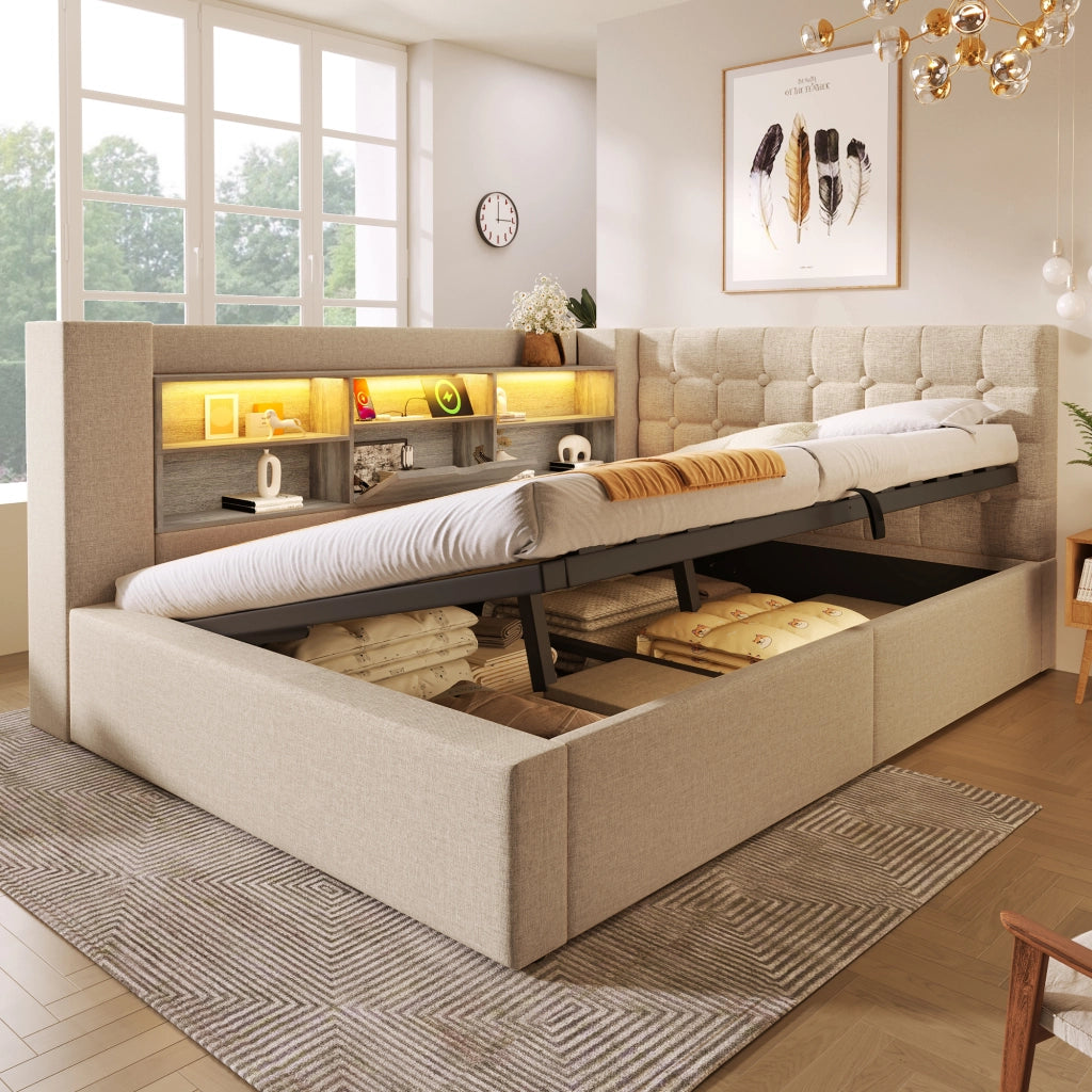 Letto matrimoniale 140x200 cm con LED, contenitore idraulico, testiera a L reversibile e materasso incluso