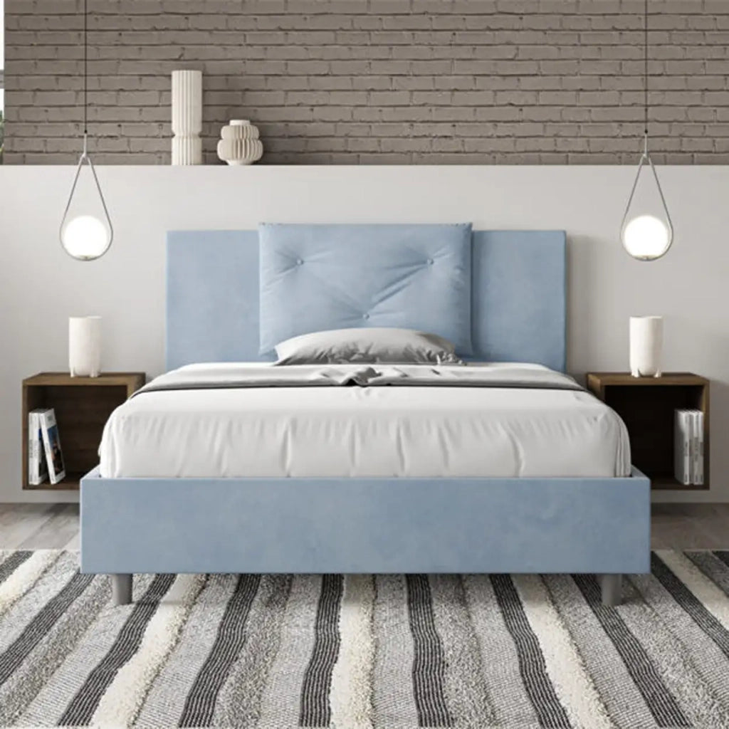 Letto matrimoniale francese senza rete imbottito 140x210 microfibra azzurro Appia