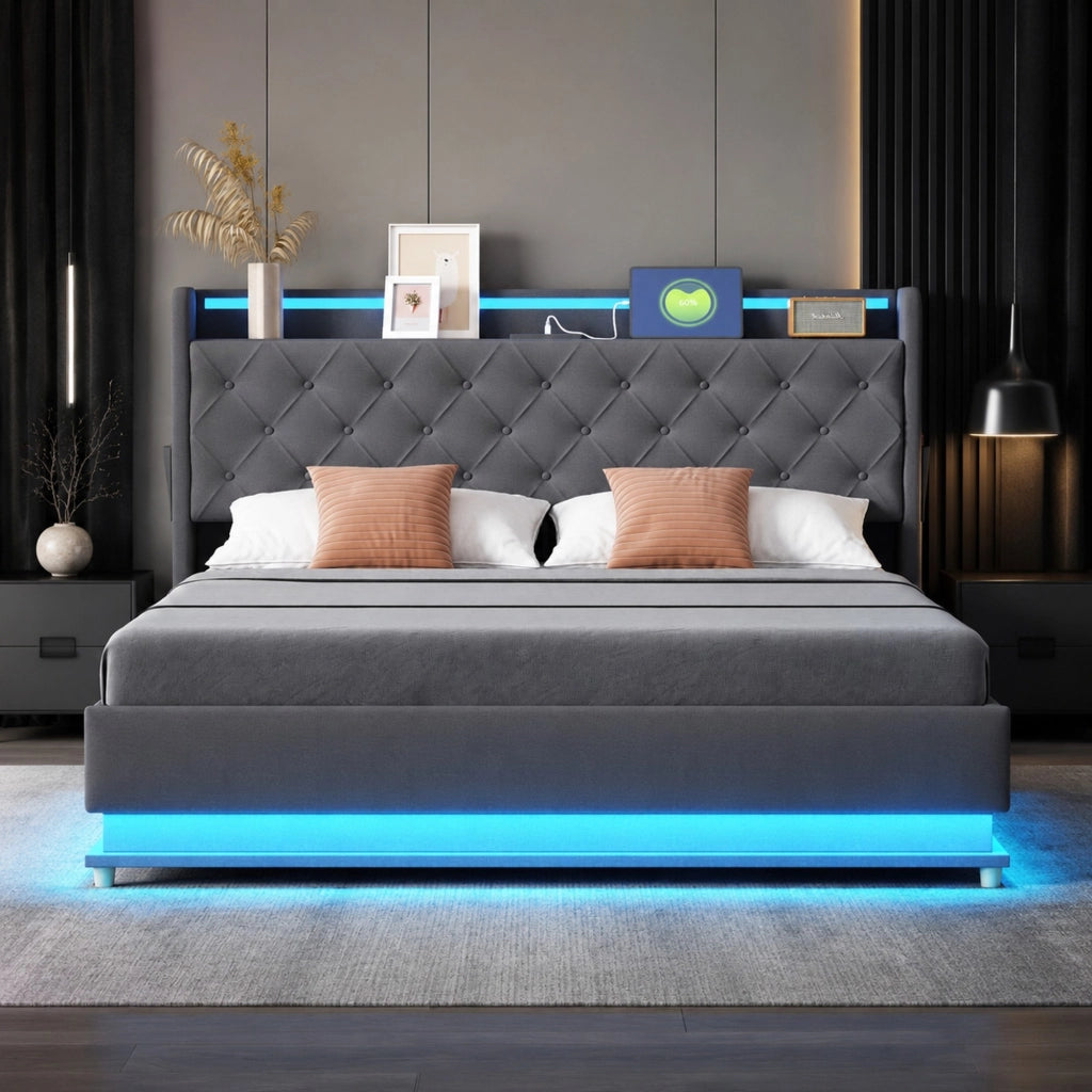 Letto imbottito LED 160x200 cm grigio con porta USB e contenitore idraulico