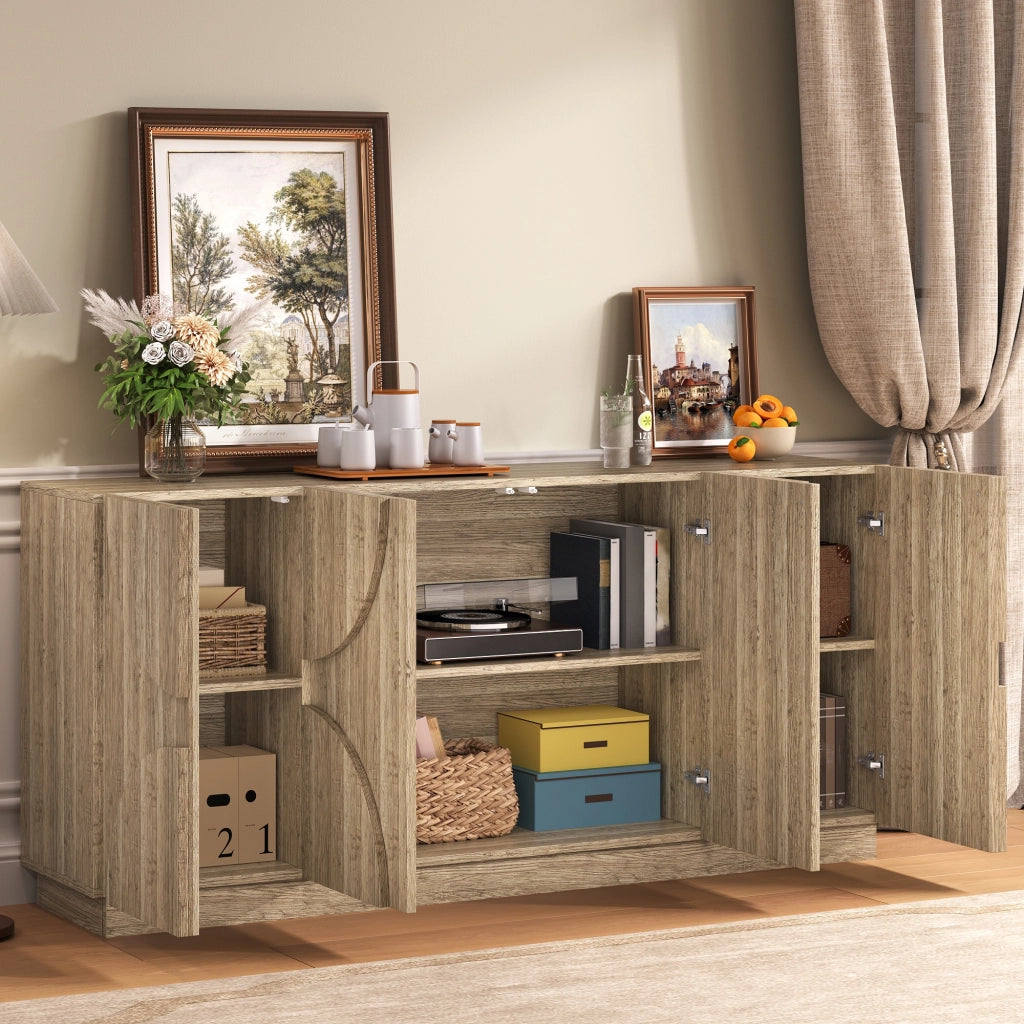 Credenza con 4 Ante; 6 Vani e Ripiani Regolabili; Frontali ad Arco; Stile Scandinavo; in Pannello; Naturale; 160??40??80 cm