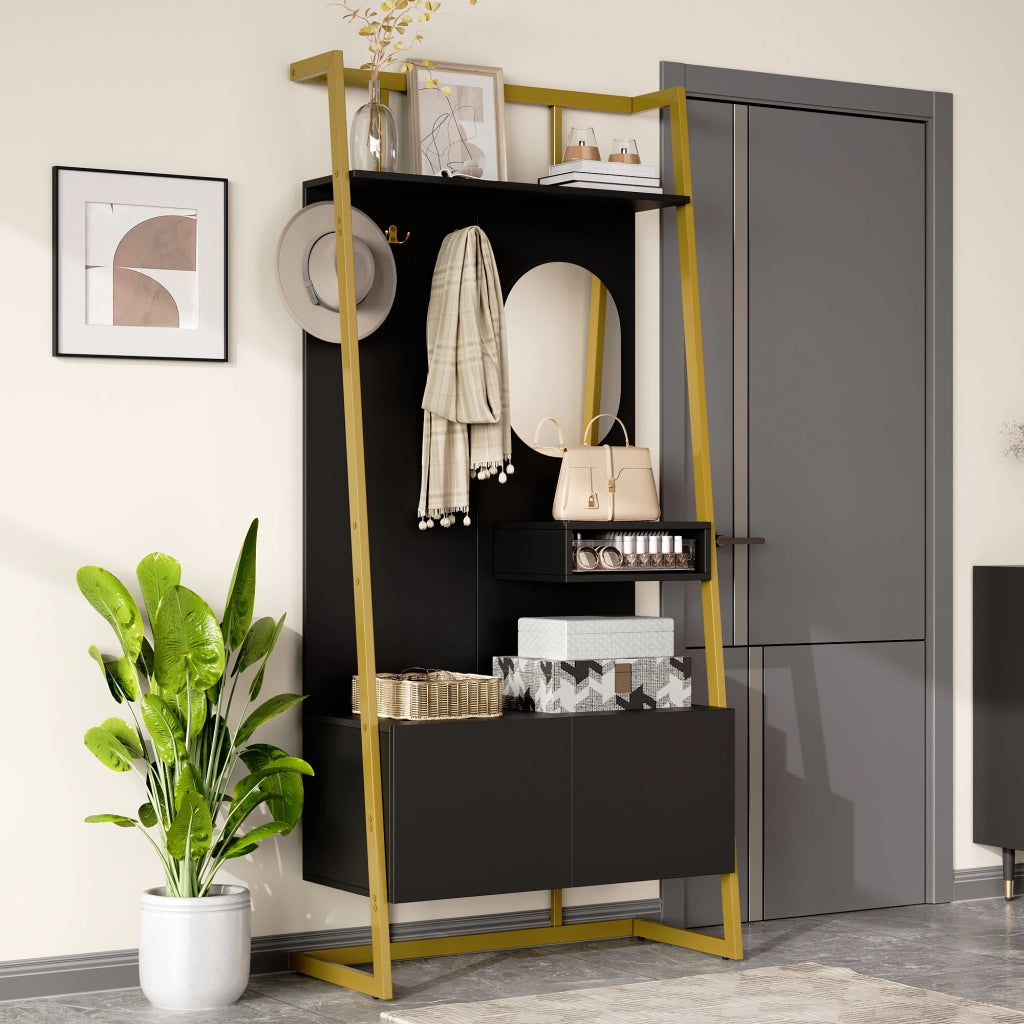Mobile Ingresso con 2 Ante; Specchio; Ripiani e Ganci in Metallo; Stile Moderno; in MDF; 78??38;5??180;5 cm; Nero