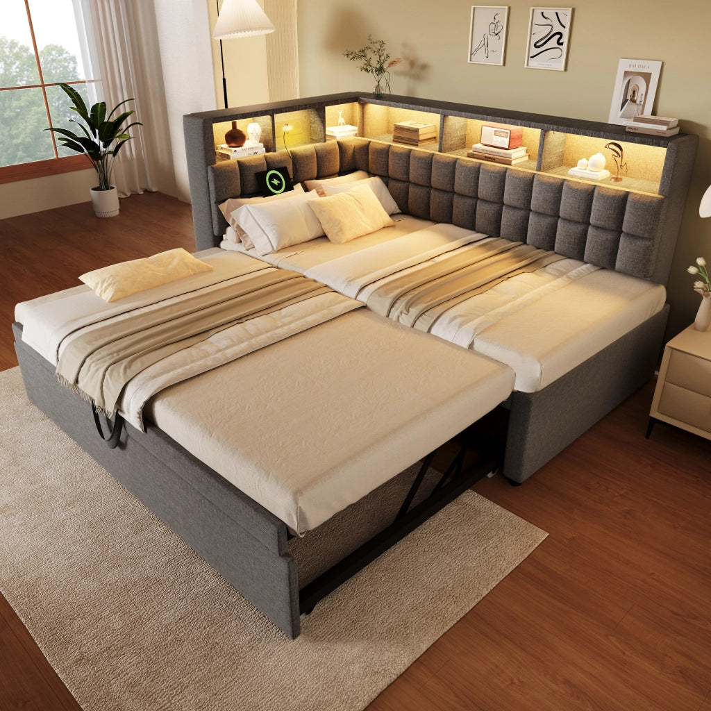 Letto imbottito 90x200 cm con letto estraibile; LED; Bluetooth e porte USB; grigio
