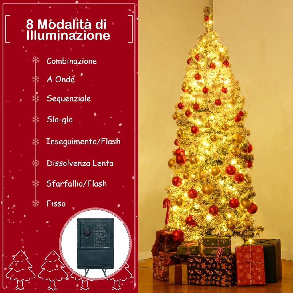Albero di Natale Slim 150cm, Albero di Natale Innevato con 180 Luci LED, 8 Modalità, 329 Rami in PVC e Base in Metallo Pieghevole, Decorazione Natalizia per Casa e Ufficio (150 cm)