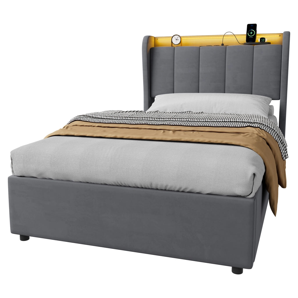 Letto singolo contenitore imbottito grigio scuro 90x200 cm con LED e dock di ricarica
