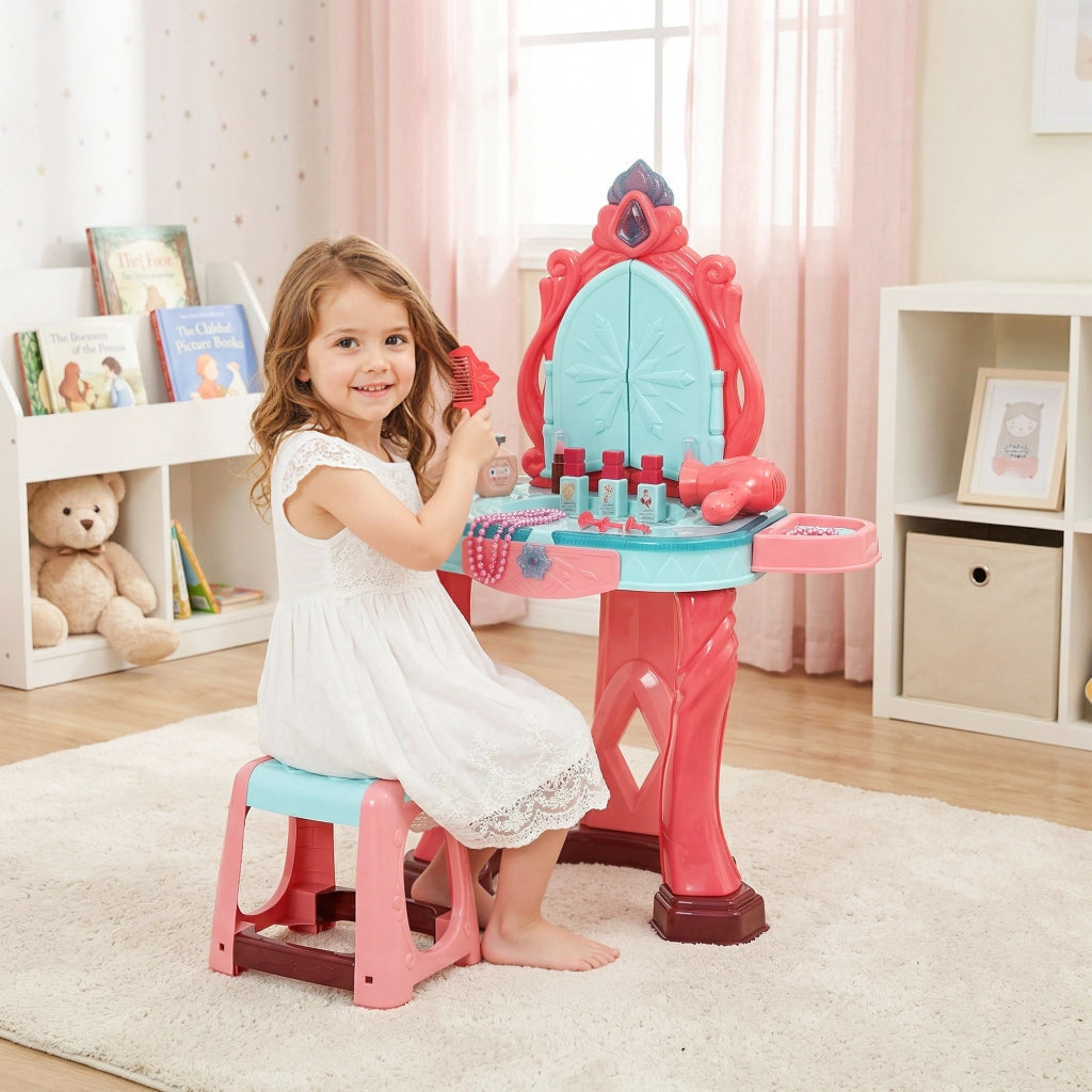 Tavolino Toeletta per Bambine con Sgabello, Specchio, Luci e Accessori, in PP e GPPS, 57x34x76 cm, Multicolore