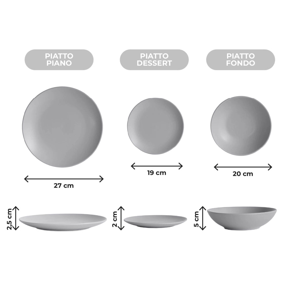 Servizio 18 Pezzi Piatti Cucina In Porcellana Gres Matt Design Moderno Finiture Opache Piatto Fondo Piano Dessert Lavastoviglie Microonde Colorazioni Tinta Unita Certificati Contatto Alimentare Grigio
