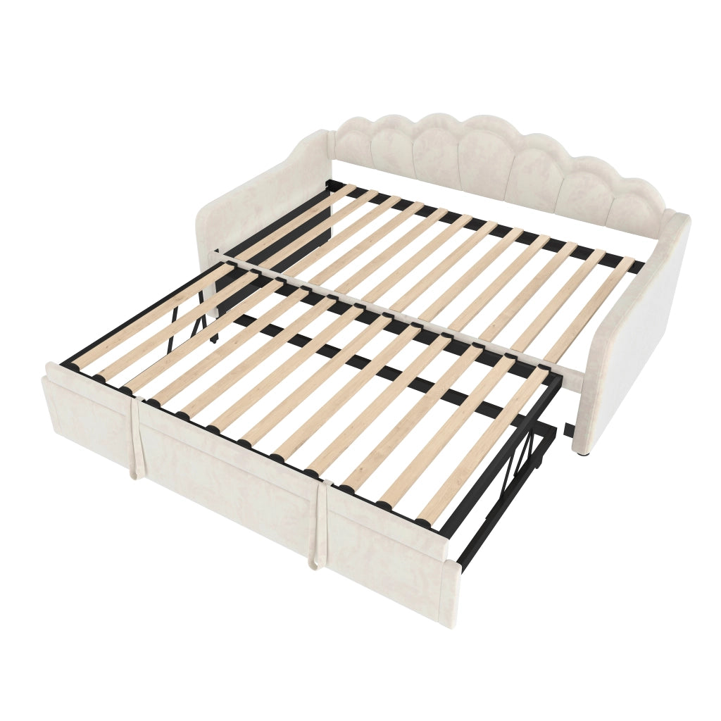 Letto estraibile singolo 90×200 cm e 180×200 cm con LED regolabile; senza materasso; velluto; beige