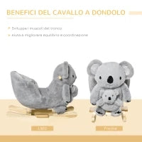 Cavallo a Dondolo Koala in Peluche Imbottita con Suoni, Cintura di sicurezza e Base in Legno, 60x33x50cm, Grigio