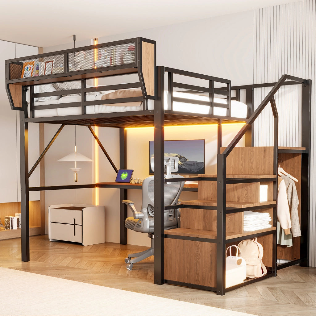 Letto a soppalco in metallo 140x200 cm con scrivania, scala di sicurezza, ripiani flessibili, LED e presa multifunzione, Nero