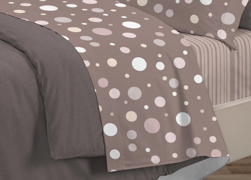Completo Lenzuola Letto 100% Cotone Made Italy 3027 Disegno La Palla - Singolo - Tortora
