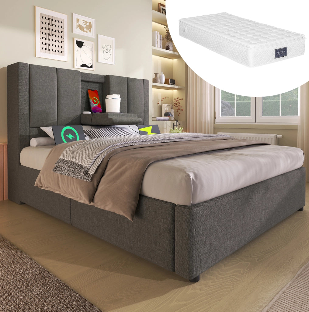 Letto imbottito grigio 90x200 cm con materasso, ricarica USB-C e vano contenitore