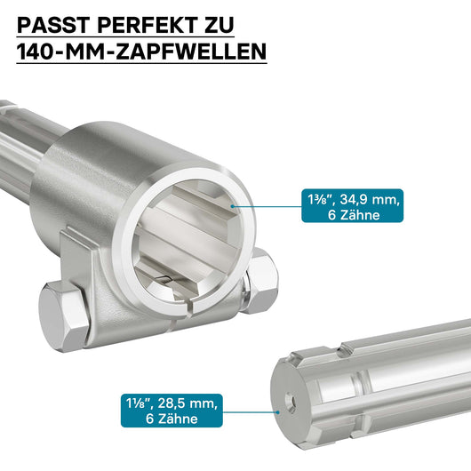 Boccola albero cardanico 140mm Attacco albero scanalato 1 3/8" 6 denti Albero uscita 1 1/8" 6 denti