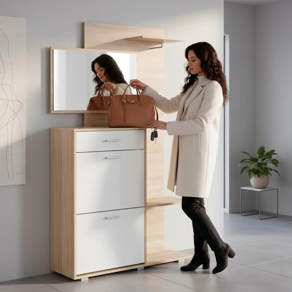Ingresso Scarpiera Con Specchio 2 Ante A Ribalta Cassetto Appendiabiti E Mensola Mobile Salvaspazio Moderno Per Ingresso Corridoio Stile Nordico 192 X 120 X 24.5 Cm Rovere E Bianco
