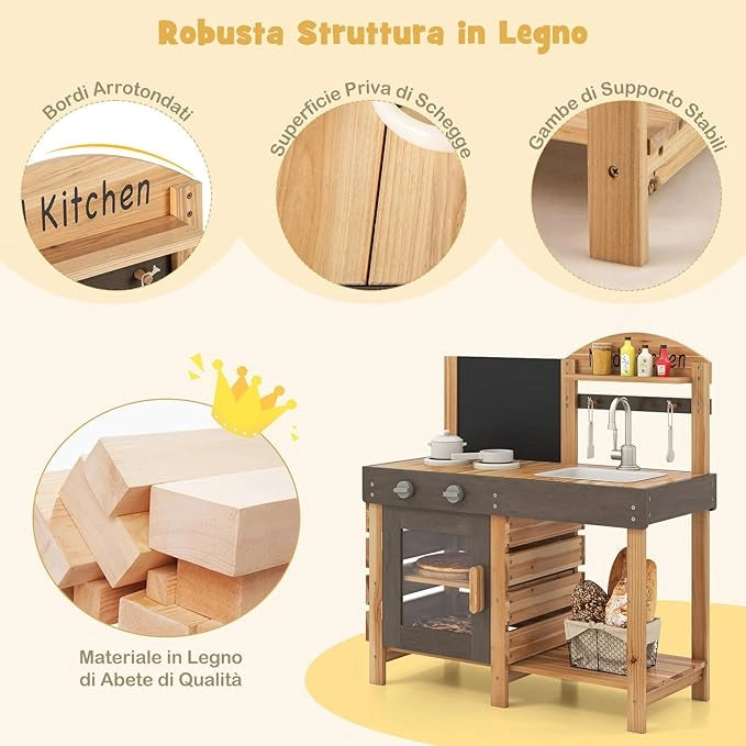 Cucina Giocattolo per Bambini, Cucina Legno per Bambini con Lavagna, Fornelli, Lavandino, Rubinetto, Forno, Accessori Generosi, Mensole di Stoccaggio, per 3+ Anni