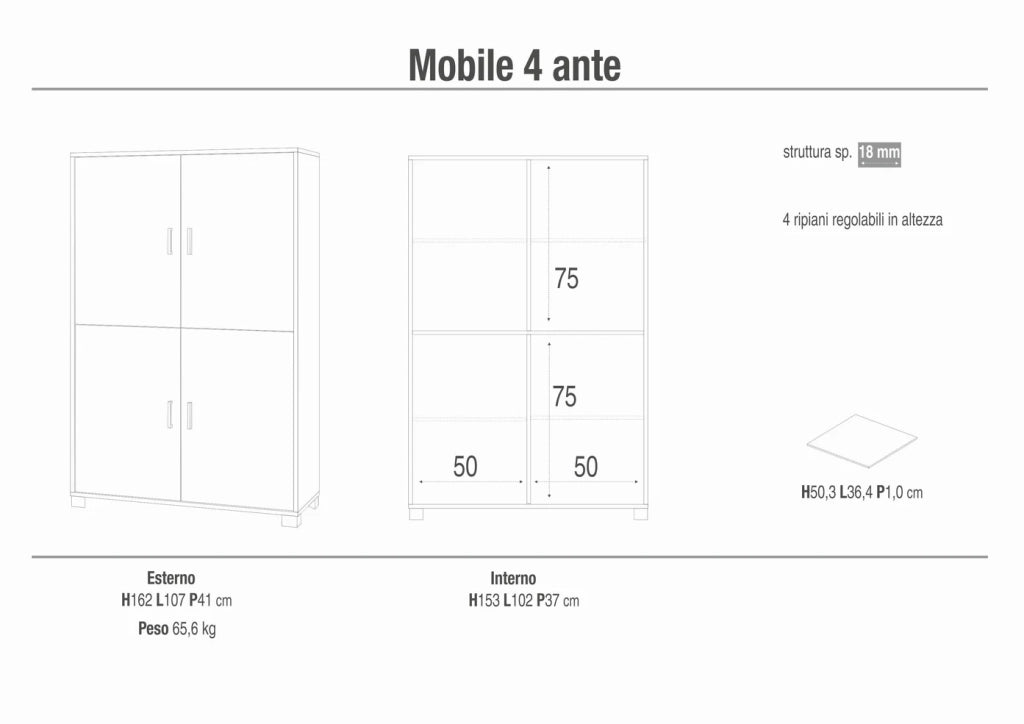 Armadio mobile 4 ante 107x41x162H cm in kit di montaggio colore Pino chiaro