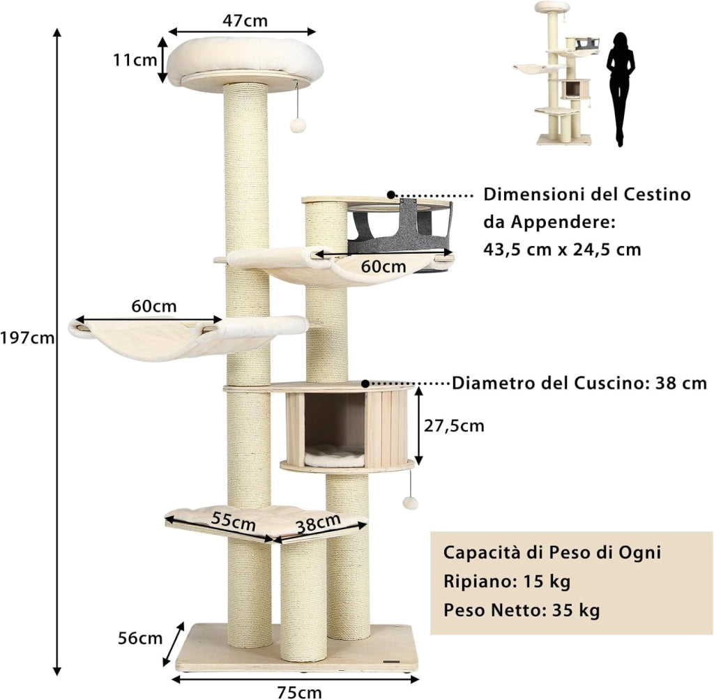 Albero per Gatti 197 CM, Tiragraffi per Gatti a Più Livelli con Nicchia in Legno, Trespolo Superiore, Amache, Cestello Sospeso, Tiragraffi con Pali in Sisal e Palline