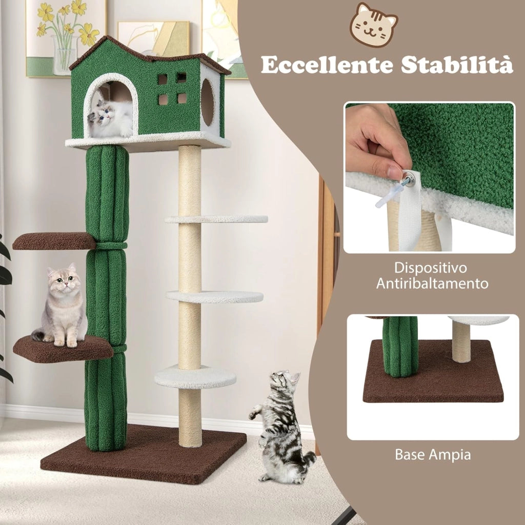 Tiragraffi per Gatti alto 153 cm, Albero Tiragraffi con Cuccia, Tiragraffi Rivestito in Sisal, 5 Piattaforme e Dispositivo Antiribaltamento,Tiragraffi per Gatti Adulti e Gattini