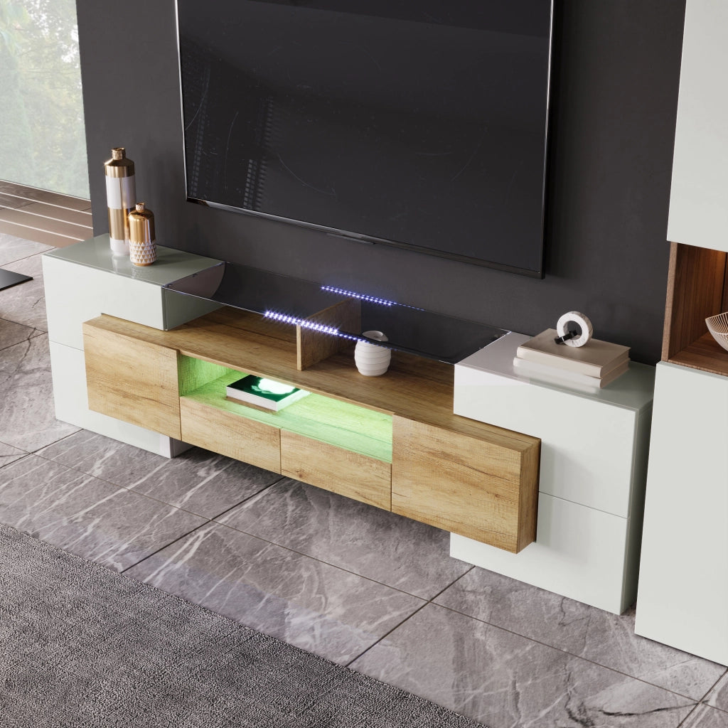 MOBILE TV 200x35x60 cm MDF Bianco lucido e colore legno con LED