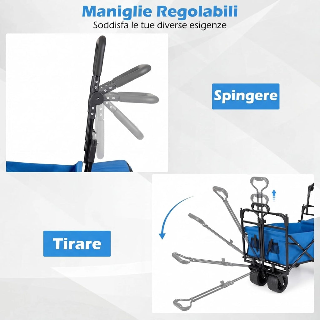 Carrello Pieghevole con Tetto, Carrello Trasportabile con Maniglia Regolabile, Borsa Portaoggetti e Ruote Grandi, Carrello da Giardino Capacità 100L, per Campeggio e Animali Domestici (Blu)