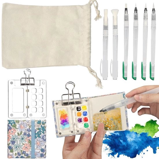 Set di acquarelli portatile - Mini paletta di acquarello - Borsa per tela da viaggio - 8 reticoli - Ideale per viaggiare - Set di pennelli da acquarello