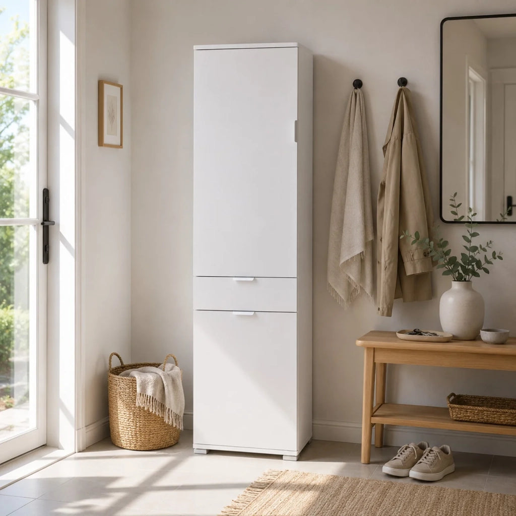 Armadio Colonna 2 Ante con Cassetto Bianco Già Montato | Mobile Multiuso Salvaspazio con Ripiani Regolabili | Armadietto Alto per Bagno, Cucina e Lavanderia