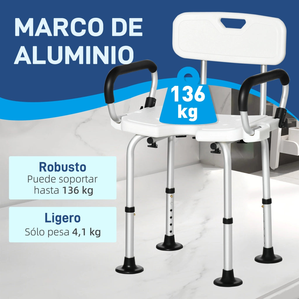 Sgabello da doccia regolabile con braccioli ¨C zephmum ¨C antiscivolo, carico 136 kg, bianco