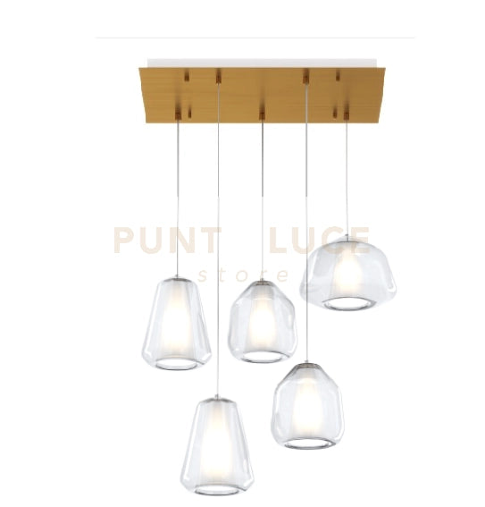 SOSPENSIONE OTTONE SAT. 5 LUCI RETTANGOLARE VETRI 1X ALPHA + 2X BETA + 2X GAMMA TRASPARENTI 1176OS-S5 R ABG-TR