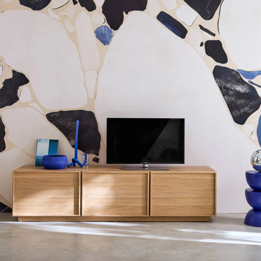 Mobile tv decorativo in legno 3 ante 180cm, marrone naturale