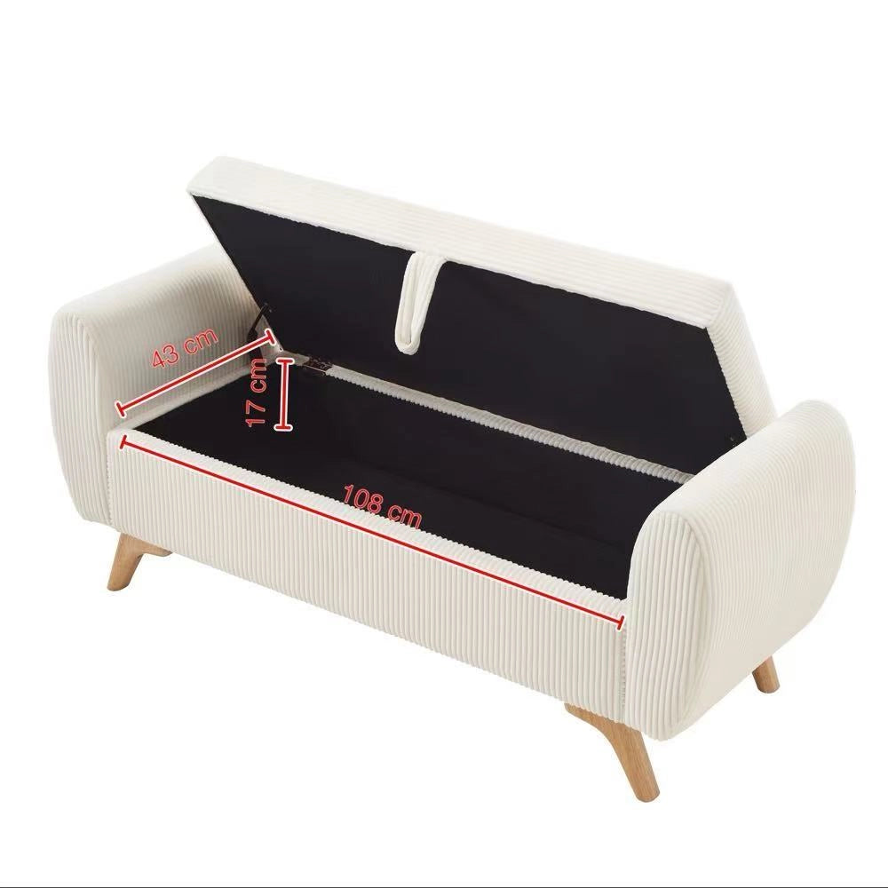 Panca contenitore pieghevole in velluto a coste con gambe in legno e vano interno, beige 145 × 51 × 57 cm