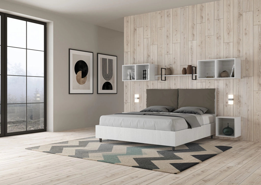 Letto Matrimoniale 160x200 cm con Rete Struttura Bianco Frassico con Cuscini in Similpelle Egos Antea Cappuccino